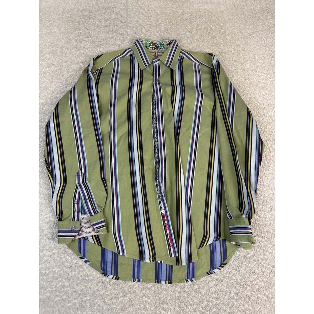Robert Graham Shirt Mens Medium Green Stripe Long Sleeve Button Front Casual